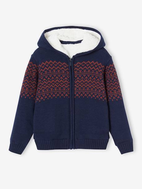 Zipped Jacket with Hood, Sherpa Lining, For Boys marl grey+navy blue 