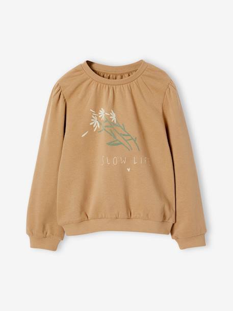 Floral Romantic Sweatshirt, Flatlock Details, for Girls taupe 