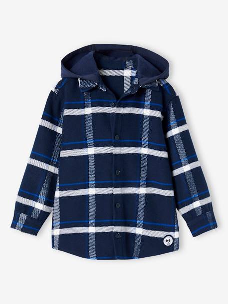 Hooded Flannel Shirt with Large Checks for Boys navy blue 