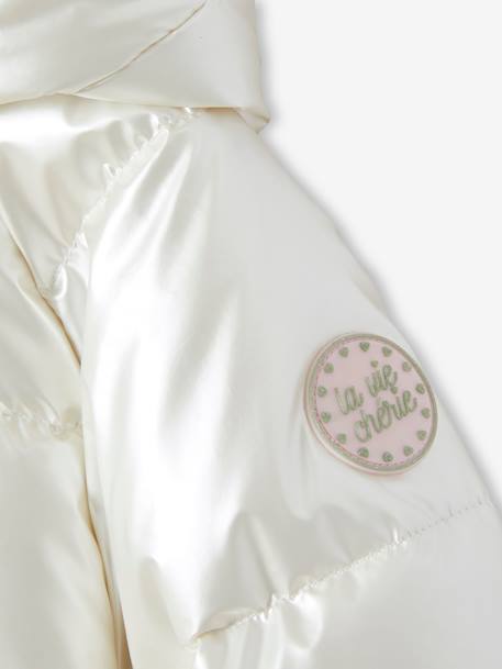 Padded Jacket with Pearl-Effect Hood & Polar Fleece Lining, for Girls ecru+fir green 