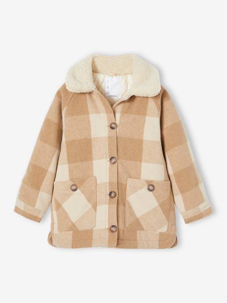Shacket-Style Coat in Chequered Wool for Girls chequered brown+chequered pink 