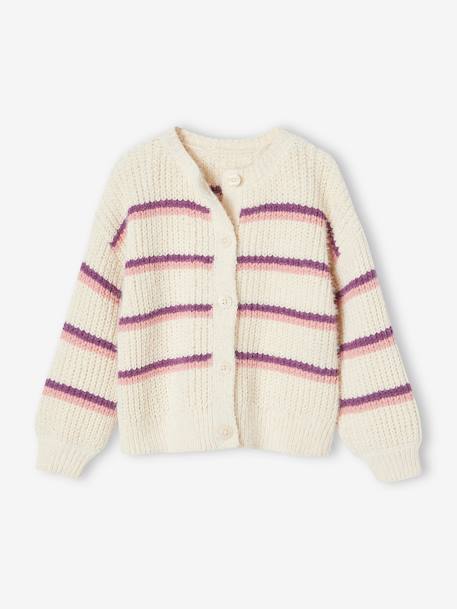 Striped Cardigan in Chenille Knit for Girls curry yellow+ecru 