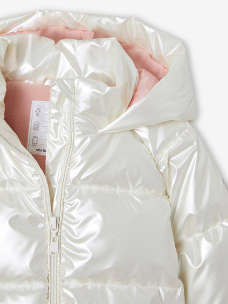 Padded Jacket with Pearl-Effect Hood & Polar Fleece Lining, for Girls ecru+fir green 
