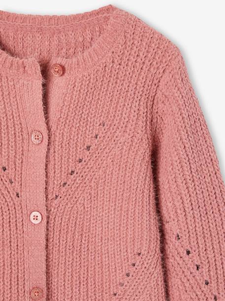 Cardigan in Openwork Chenille Knit for Girls dusky pink+green 