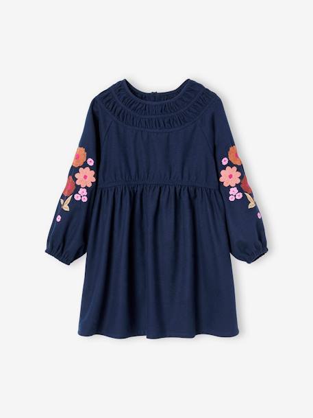 Long Sleeve Dress with Embroidered Flowers for Girls night blue 