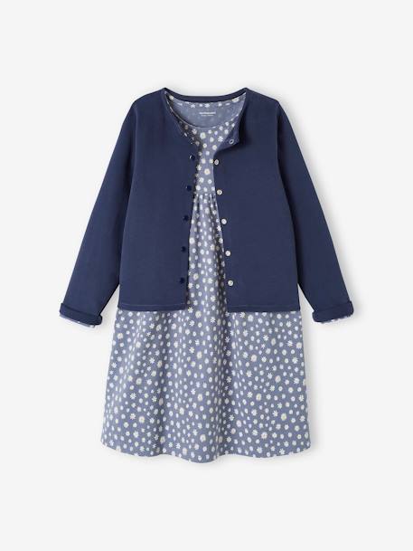 Dress & Jacket Outfit with Floral Print for Girls Dark Blue/Print+grey blue+rosy 