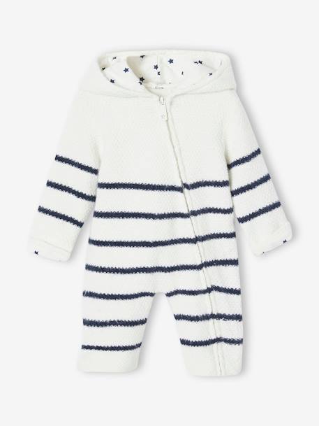 Knitted Jumpsuit for Newborn Babies, Lined BEIGE MEDIUM STRIPED+White Stripes 