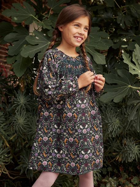 Smocked Blouse with Enchanted Forest Motifs, for Girls printed green 