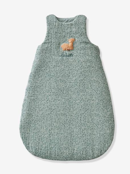 Sleeveless Baby Sleeping Bag in Cotton Gauze, Brocéliande printed green 