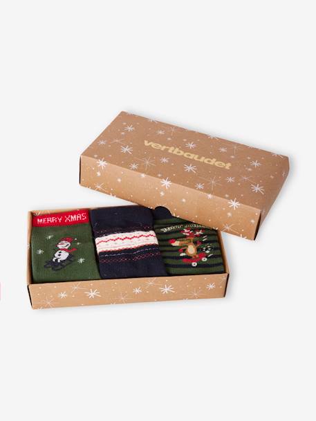 Gift Box with 3 Pairs of Christmas Socks for Boys fir green 