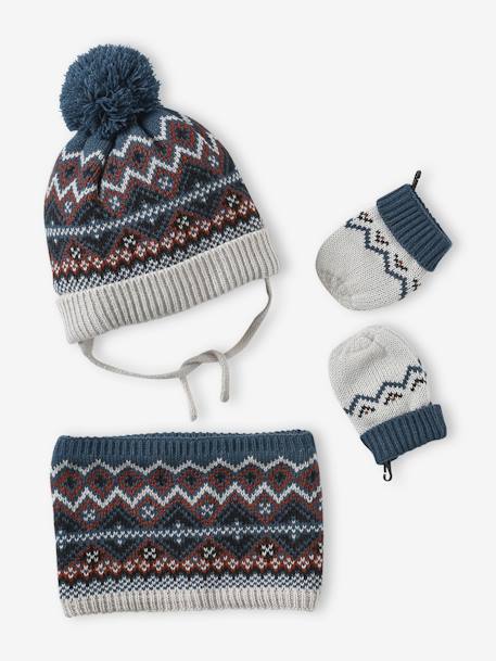 Jacquard Knit Beanie + Snood + Mittens Set for Baby Boys pearly grey 