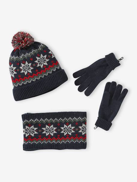 Christmas Gift Box with 'Snowflake' Beanie, Snood & Gloves Set for Boys navy blue 