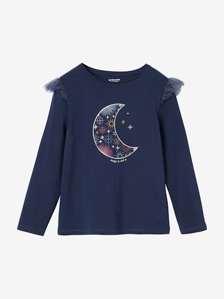 Christmas Special Top with Iridescent Motif & Glittery Ruffles for Girls navy blue 