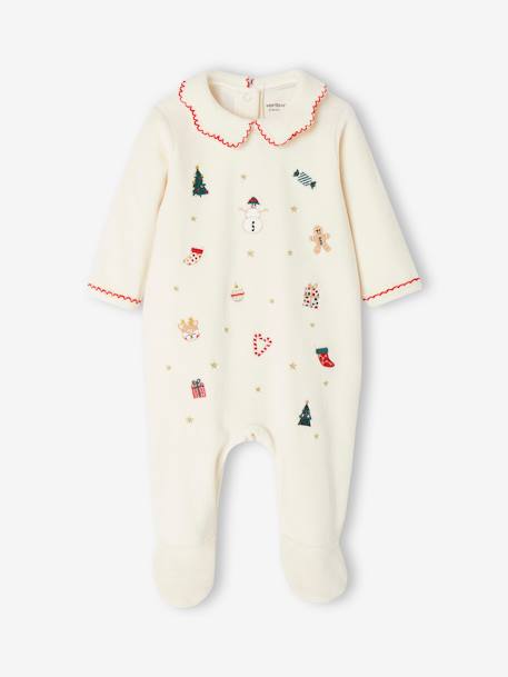 Embroidered Christmas Velour Sleepsuit for Babies ecru 