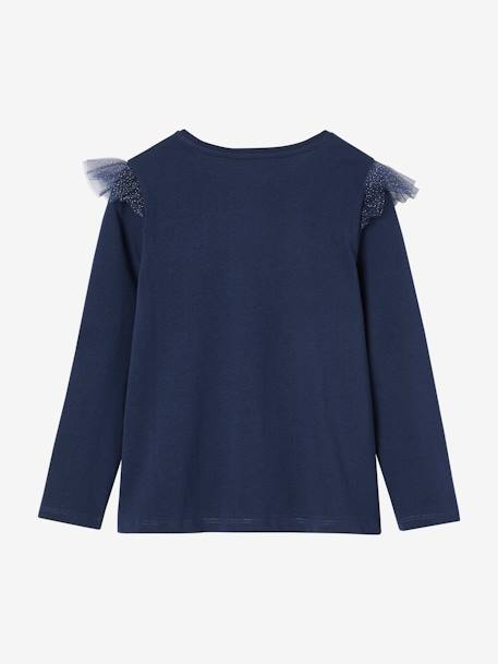 Christmas Special Top with Iridescent Motif & Glittery Ruffles for Girls navy blue 