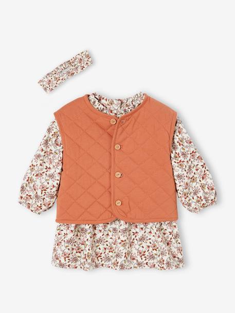 3-Piece Combo: Padded Waistcoat, Velour Dress & Headband for Babies rust 