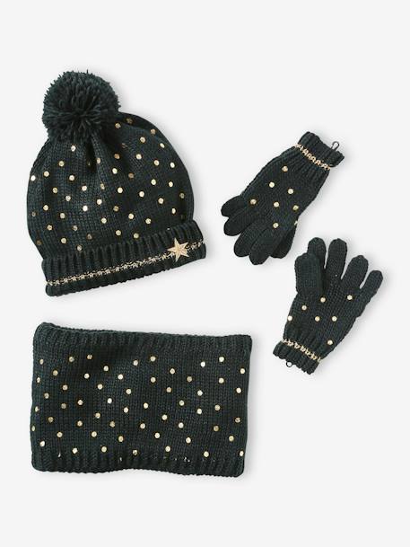 Christmas Gift Box: 'Star' Set with Beanie + Snood + Gloves for Girls green 