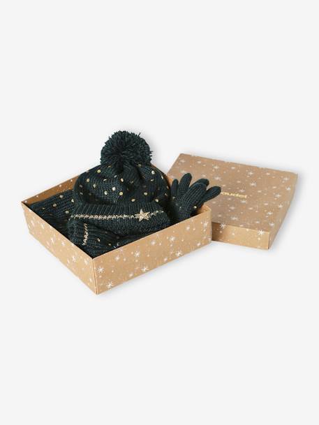 Christmas Gift Box: 'Star' Set with Beanie + Snood + Gloves for Girls green 