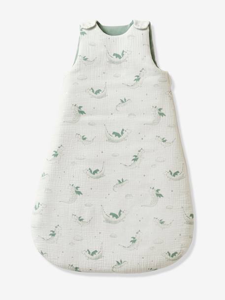 Sleeveless Baby Sleeping Bag in Cotton Gauze, Dragon printed white 