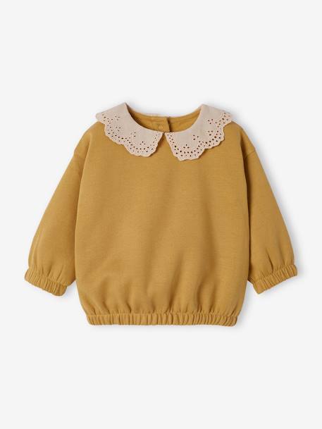 Fleece Sweatshirt with Broderie Anglaise Neckline, for Babies BROWN MEDIUM SOLID+yellow 