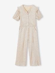 -Occasion Wear Lamé Jumpsuit with Bubble Sleeves & Ruffles for Girls
