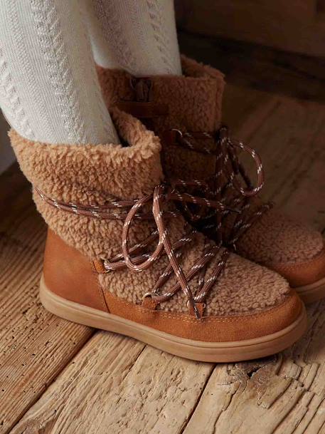 High Top Leather & Plush Trainer Boots  for Girls brown 