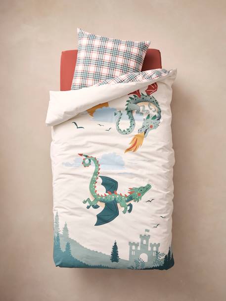 Duvet Cover + Pillowcase Set, Dragons printed white 