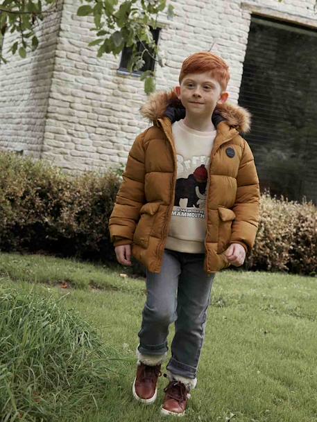 Hooded Jacket Lined in Polar Fleece, with Gloves, for Boys BLUE MEDIUM SOLID WITH DESIGN+BROWN MEDIUM SOLID WITH DESIGN 