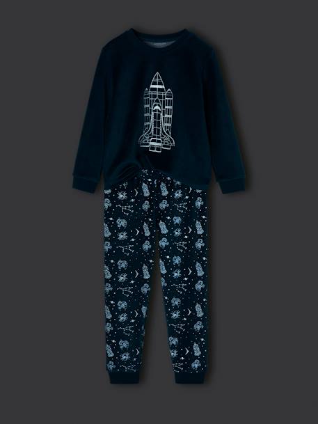 Velour Pyjamas with Glow-In-The-Dark Rocket for Boys peacock blue 