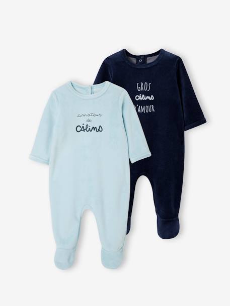 Pack of 2 Velour Sleepsuits for Babies, BASICS night blue 