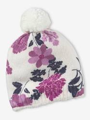 Fine Knit Beanie with Flower Print for Girls
