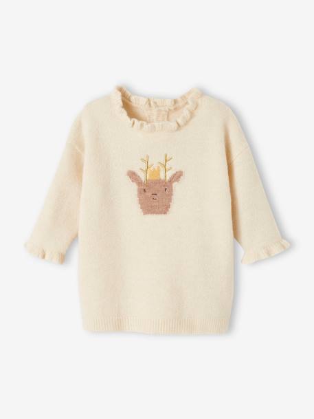 Christmas Special Ensemble: Knitted Dress with Reindeer Motif + Tights for Babies ecru 