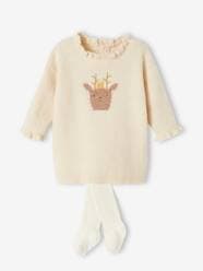 -Christmas Special Ensemble: Knitted Dress with Reindeer Motif + Tights for Babies