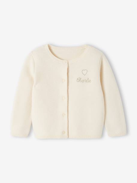 Cardigan with Golden Embroidered Heart, for Babies WHITE LIGHT SOLID WITH DESIGN 