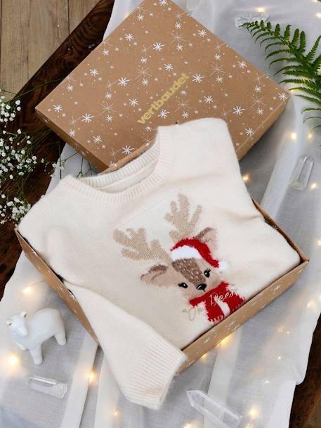 Christmas Gift Box with Jacquard Knit Reindeer Jumper + 2 Scrunchies for Girls ecru 