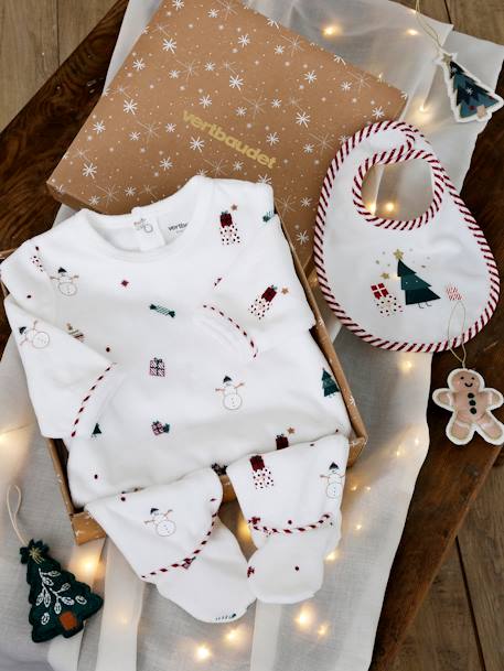 Christmas Special Gift Set: Velour Sleepsuit + Bib for Babies ecru 