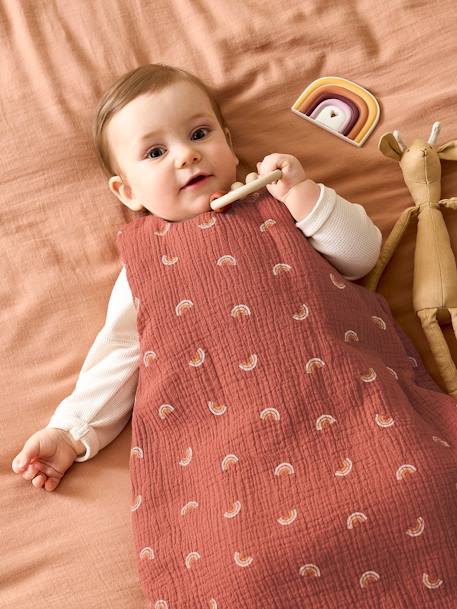 Sleeveless Baby Sleeping Bag in Organic* Cotton Gauze, Happy Sky printed brown 