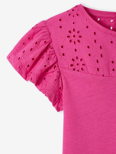 T-Shirt for Girls, with Broderie Anglaise and Ruffled Sleeves BLUE MEDIUM SOLID+fuchsia+Light Green+mauve+White 