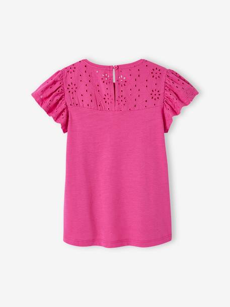 T-Shirt for Girls, with Broderie Anglaise and Ruffled Sleeves BLUE MEDIUM SOLID+fuchsia+Light Green+mauve+White 