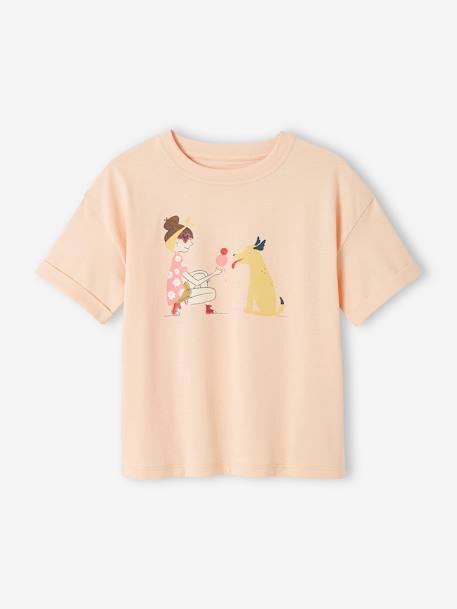 T-Shirt with Pop Motif, Short Turn-Up Sleeves, for Girls apricot+pale yellow 