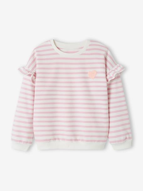 Sailor-type Sweatshirt with Ruffles on the Sleeves, for Girls denim blue+lilac+old rose+striped pink 