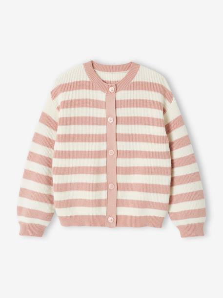 Striped Cardigan in Shimmery Rib Knit for Girls mauve+peach 