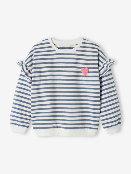 Sailor-type Sweatshirt with Ruffles on the Sleeves, for Girls denim blue+lilac+old rose+striped pink 