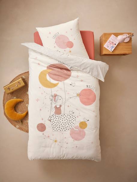 Duvet Cover + Pillowcase Set with Recycled Cotton for Children, Poetry Princess printed white 