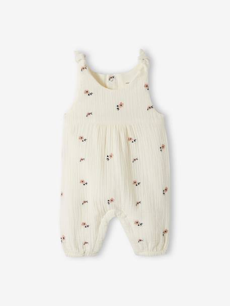 Jumpsuit for Newborn Babies, Embroidery in Cotton Gauze beige+ecru+Light Green/Print 