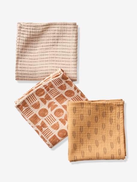 Pack of 3 Muslin Squares in Cotton Gauze, Ethnic printed beige 