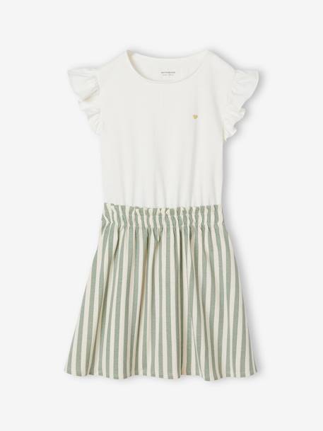 2-in-1-Effect Dress for Girls sky blue+striped green+vanilla 