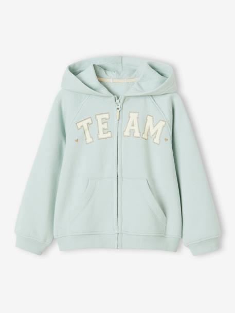 Hooded Jacket with 'Team' Sport Motif for Girls aqua green+green+navy blue 