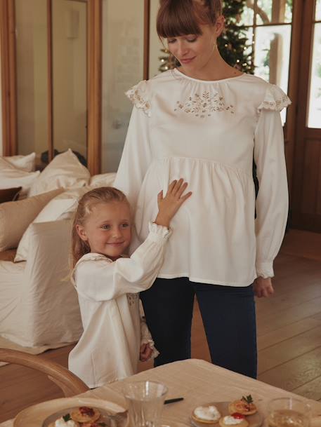 Embroidered Blouse in Cotton Gauze & Viscose for Maternity ecru 