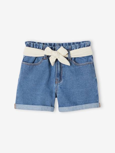Paperbag-Style Denim Shorts for Girls stone 